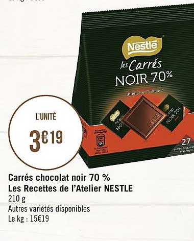 carrés chocolat noir 70 % les recettes de l'atelier nestlé