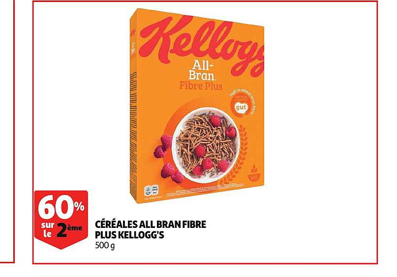 céréales all bran fibre plus kellogg's 60% sur le 2ème