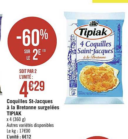 Coquilles St Jacques à La Bretonne Surgelées Tipiak -60% Sur Le 2e