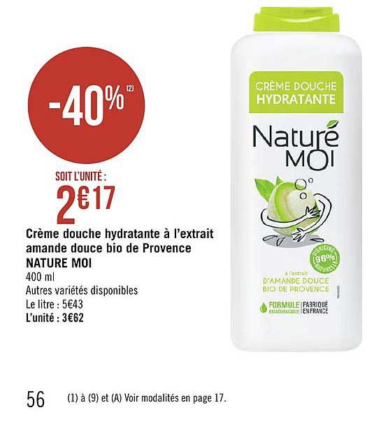 crème douche hydratante à l'extrait amande douce bio de provence nature moi
