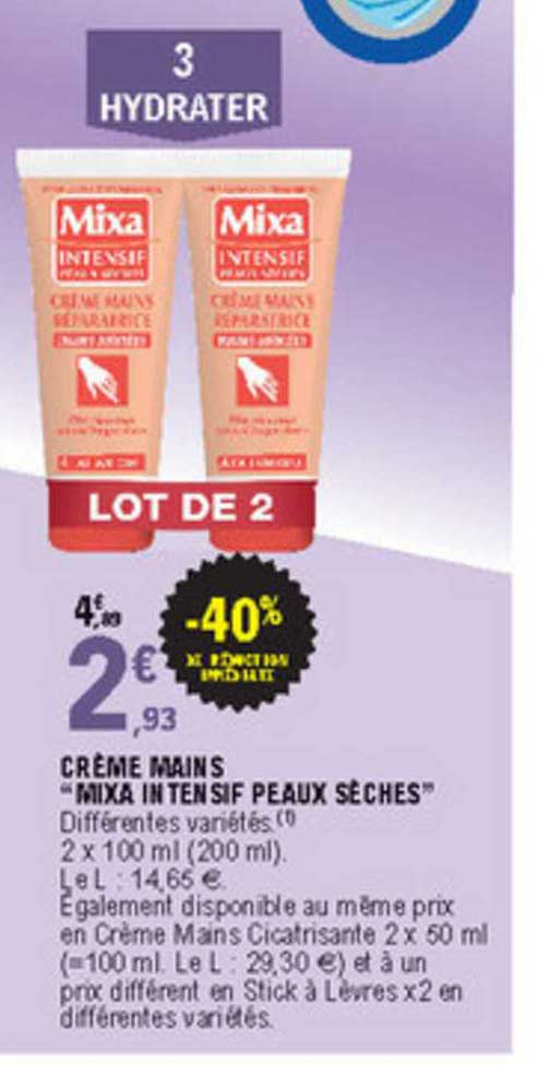 crème mains "mixa intensif peaux sèches"-40% de réduction immédiate