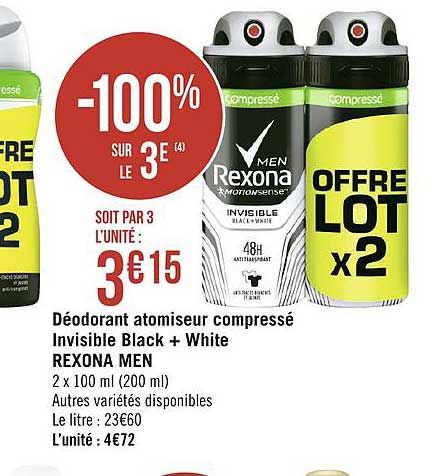 Déodorant Atomiseur Compressé Invisible Black + White Rexona Men -100% Sur Le 3e