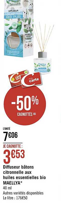 diffuseur bâtons citronnelle aux huiles essentielles bio maellya