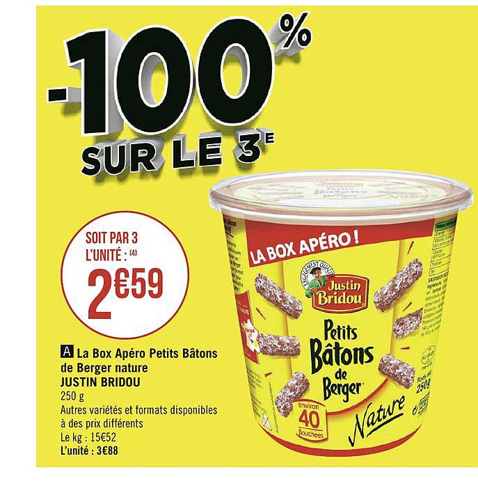 la box apéro petits bâtons de berger nature justin bridou -100% sur le 3e