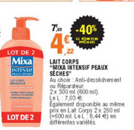 lait corps "mixa intensif peaux sèches" -40% de réduction immédiate