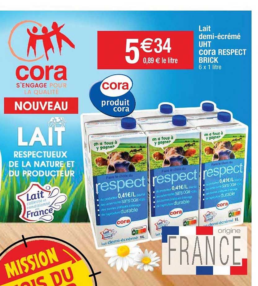lait demi écrémé uht cora respect brick
