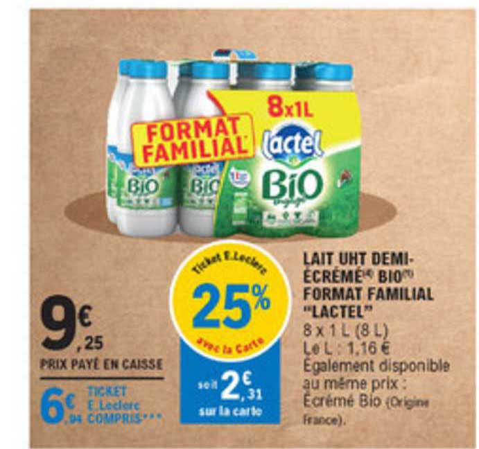 lait uht demi écrémé bio format familial "lactel"