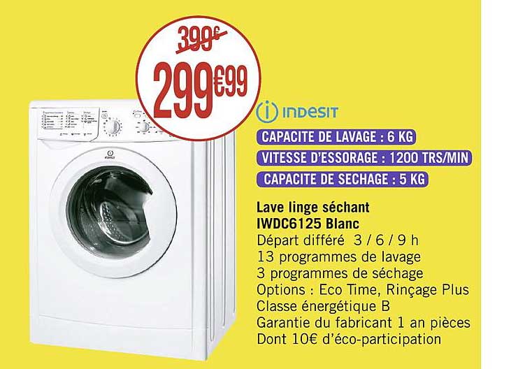 lave linge séchant iwdc6125 blanc indesit