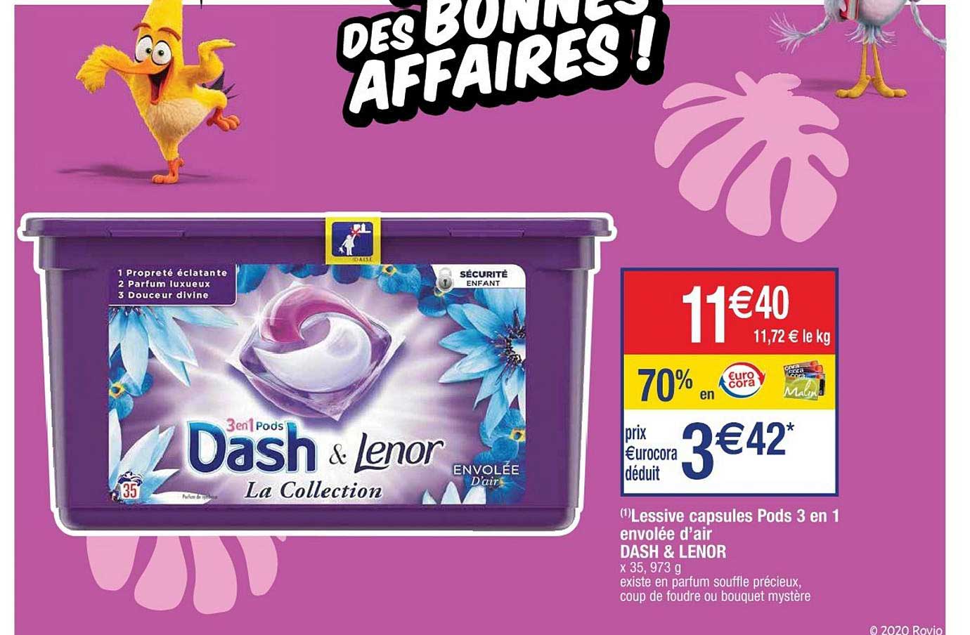 lessive capsules pods 3 en 1 envolée d'air dash & lenor la collection