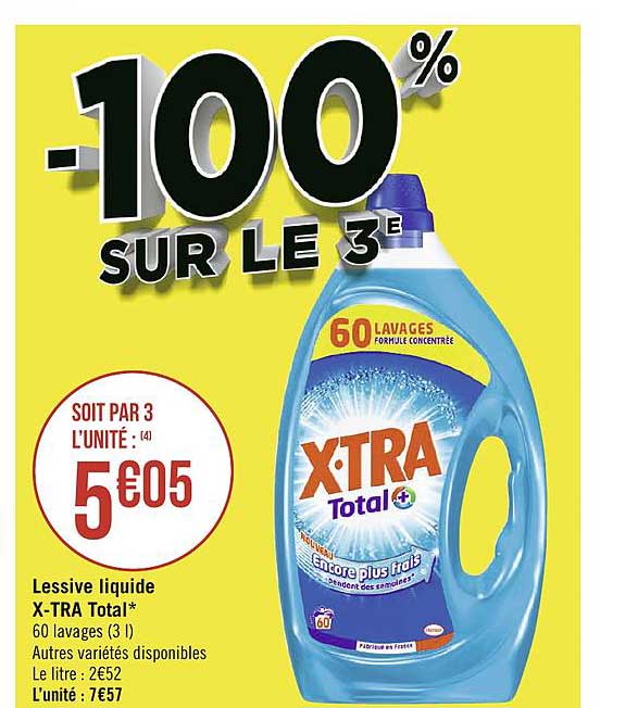 lessive liquide x tra total -100% sur le 3e