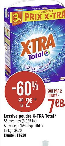 lessive poudre x tra total -60% sur le 2e