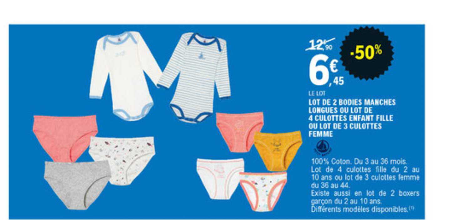 lot de 2 bodies manches longues ou lot de 4 culottes enfant fille ou lot de 3 culottes femme -50%