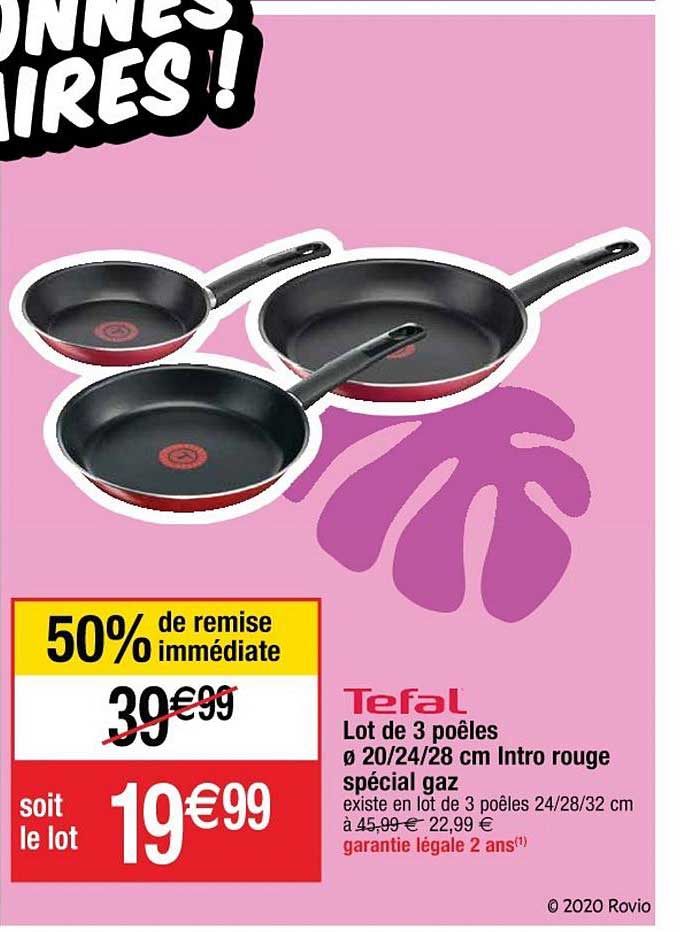lot de 3 poêles 20 24 28 cm intro rouge spécial gaz tefal 50% remise immédiate