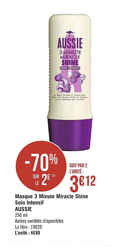 masque 3 minute miracle shine soin intensif aussie -70% sur le 2e