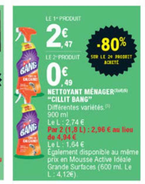 nettoyant ménager "cillit bang" -80% sur le 2ème produit acheté