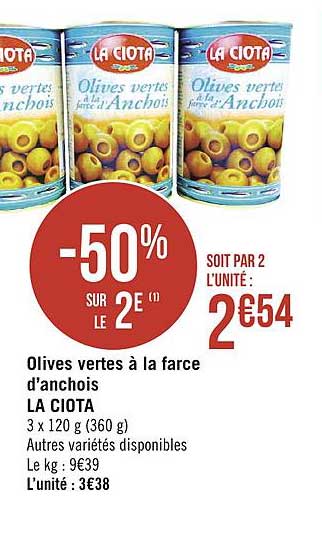 olives vertes à la farce d'anchois la ciota -50% sur le 2e