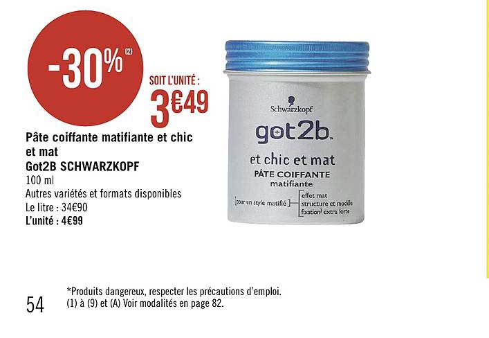 pâte coiffante matifiante et chic et mat got2b schwarzkopf