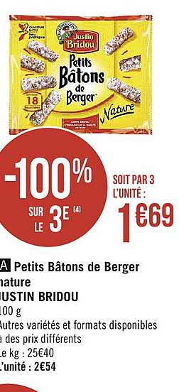 petits bâtons de berger nature justin bridou -100% sur le 3e