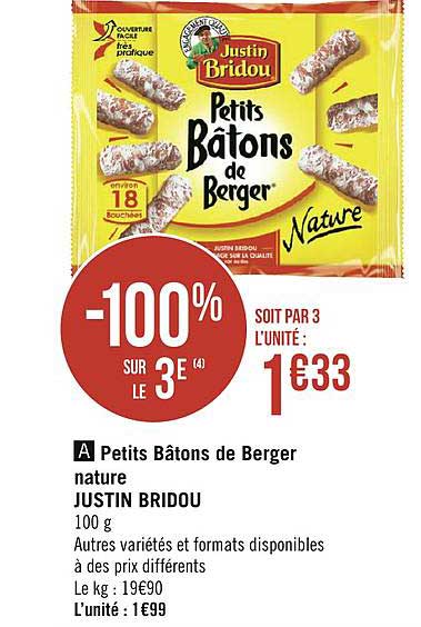 petits bâtons de berger nature justin bridou -100% sur le 3e