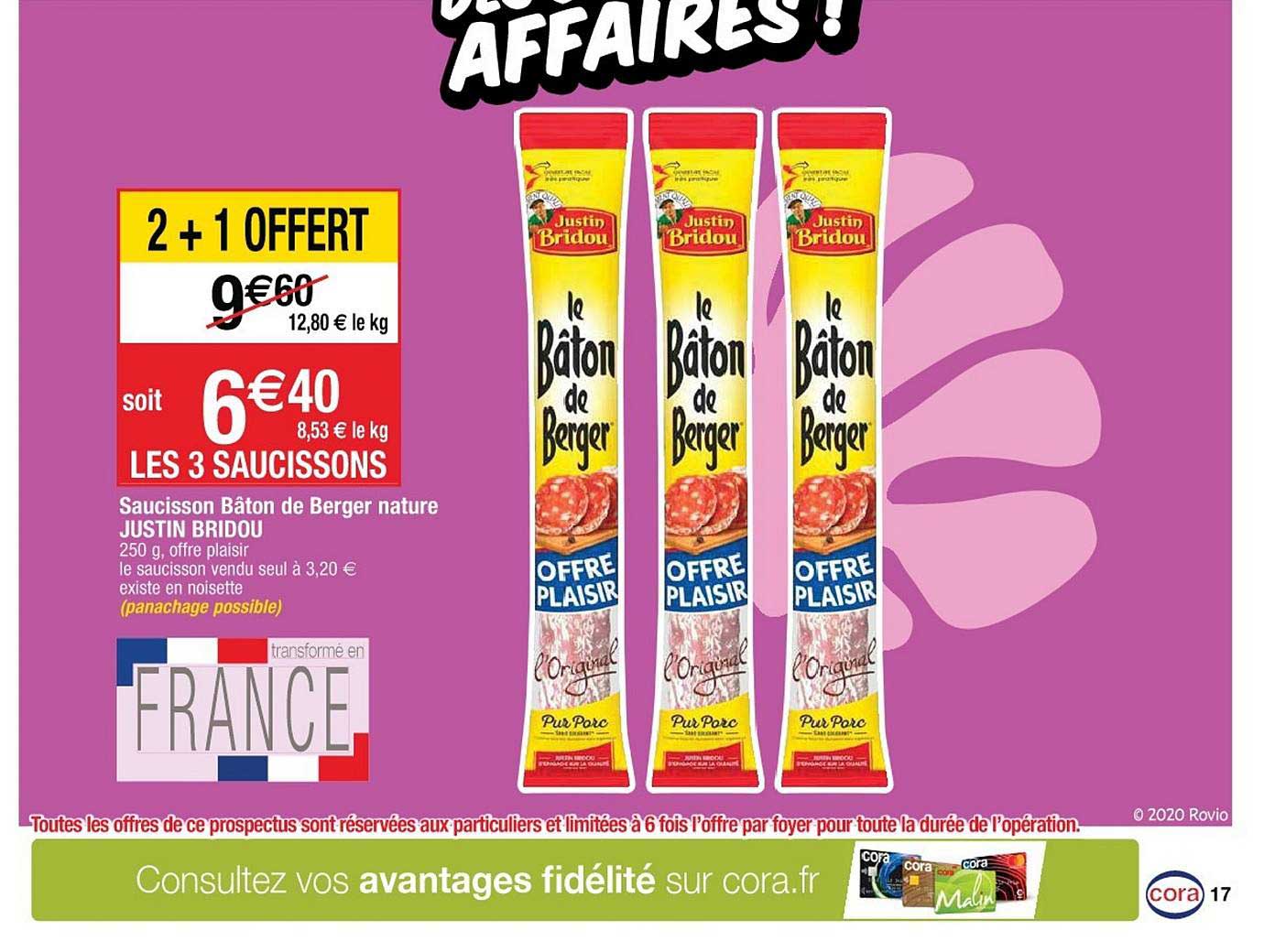 saucisson bâton de berger nature justin bridou 2+1 offert