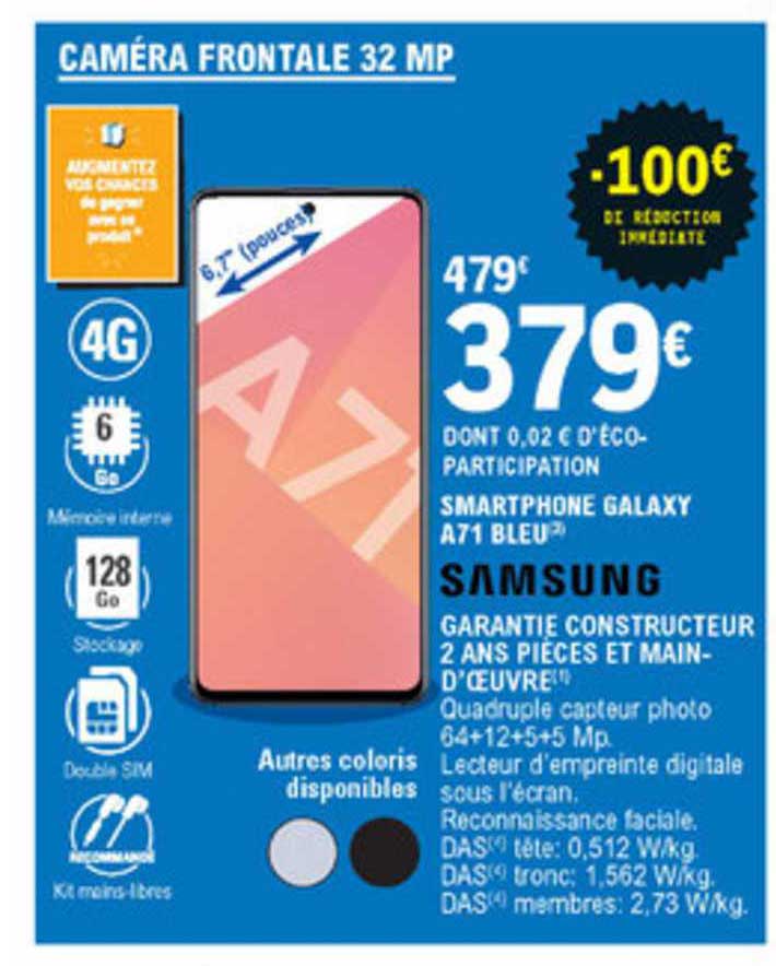smartphone galaxy a71 bleu samsung garantie constructeur 2 ans pièces et main d'oeuvre