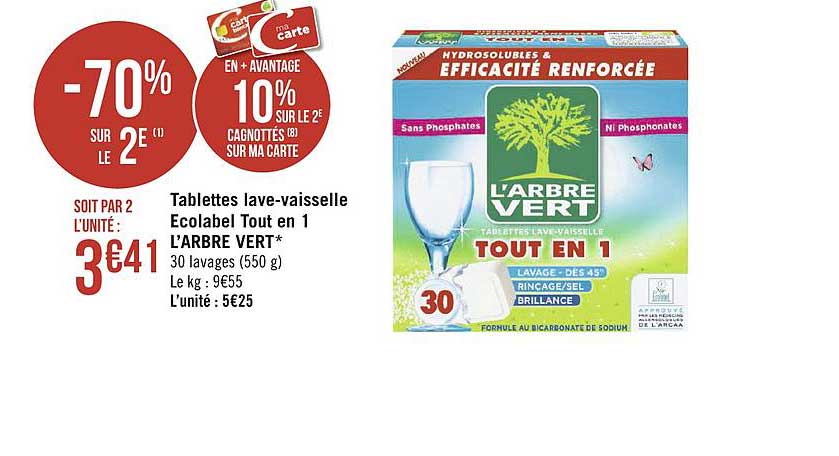 tablettes lave vaisselle ecolabel tout en 1 l'arbre vert -70% sur le 2e