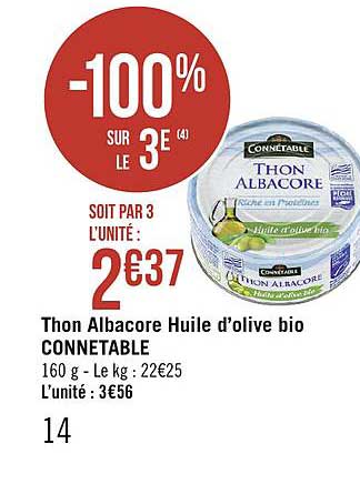Thon Albacore Huile D'olive Bio Connetable -100% Sur Le 3e
