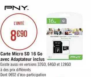 carte micro sd 16 go avec adaptateur inclus pny