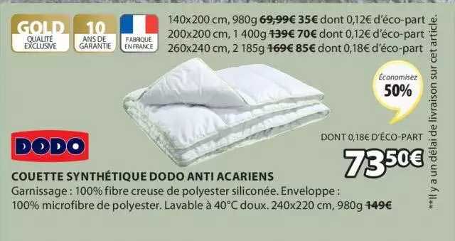 couette synthétique dodo anti acariens