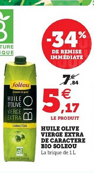 Huile Olive Vierge Extra De Caractere Bio Soleou -34% De Remise Immédiate