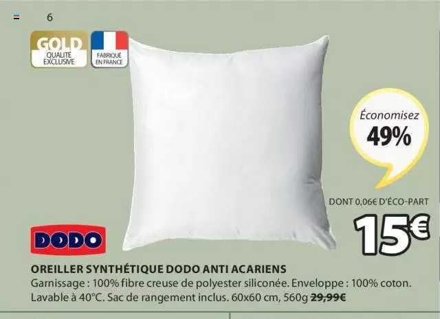 oreiller synthétique dodo anti acariens
