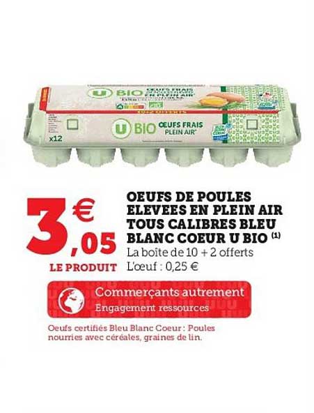 œufs de poules élevées en plein air tous calibres bleu blanc cœur u bio