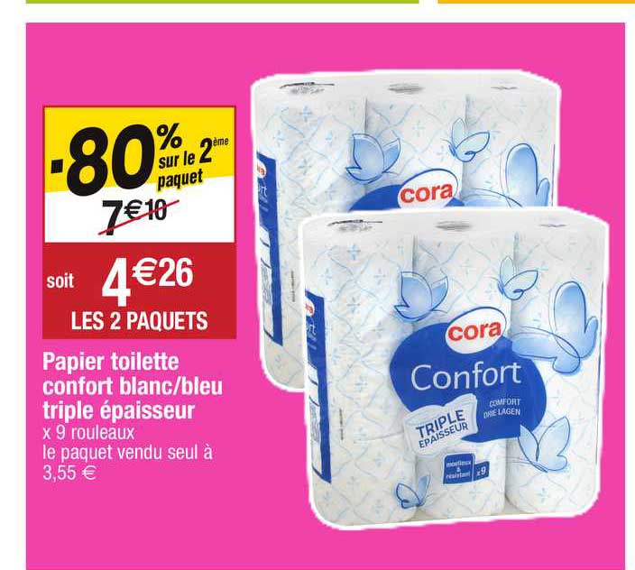 papier toilette confort blanc-bleu triple épaisseur