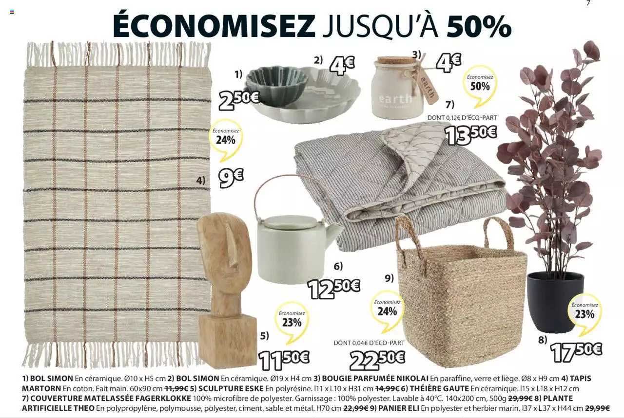 bol simon, bougie parfumée nikolai, tapis martorn, sculpture eske, théière gaute, couverture matelassée fagerklokke, plante artificielle théo, panier eli