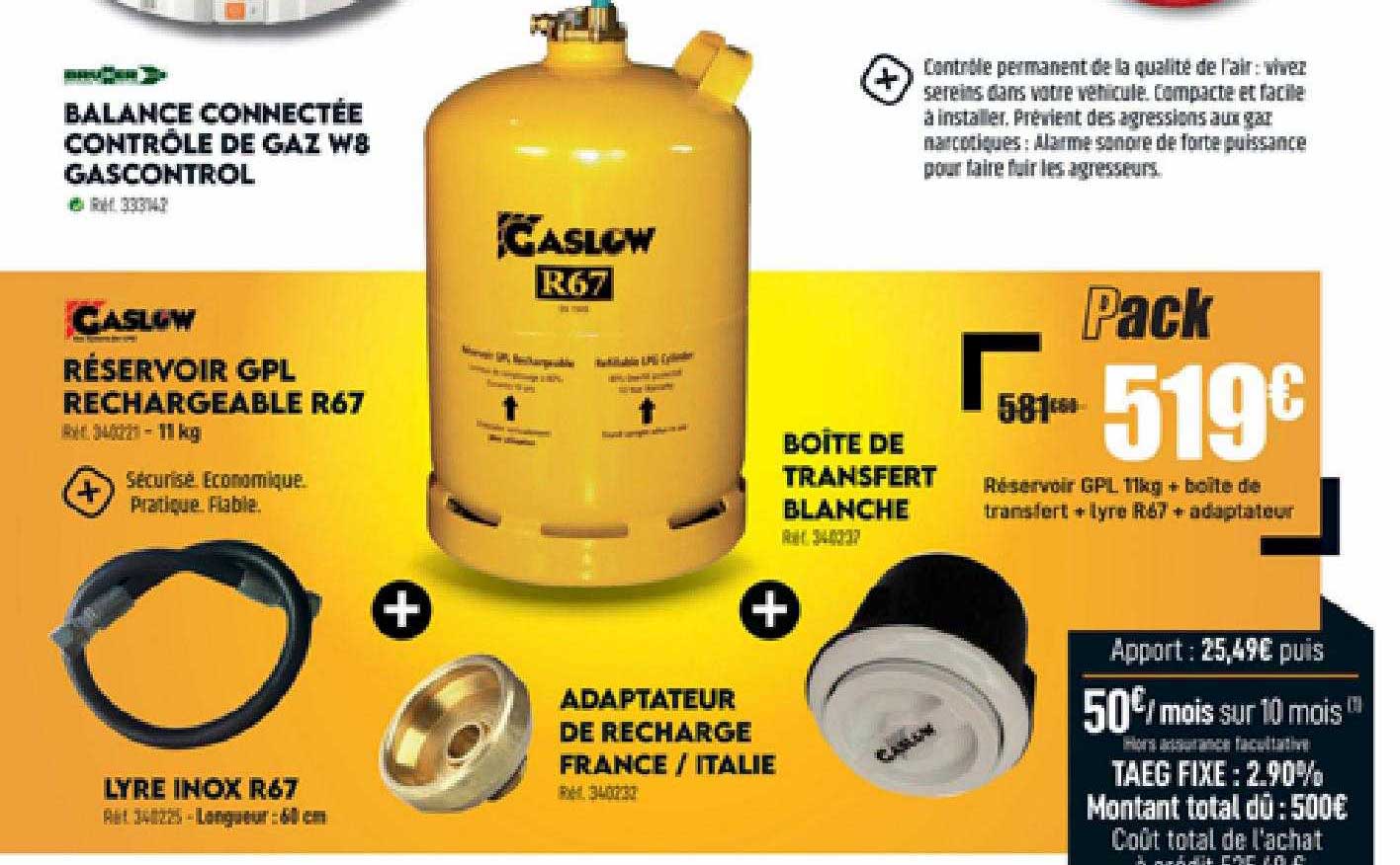 balance connectée contrôle de gaz w8 gascontrol, réservoir gpl rechargeable r67 caslow, lyre inox r67, adaptateur de recharge france-italie, boîte de transfert blanche