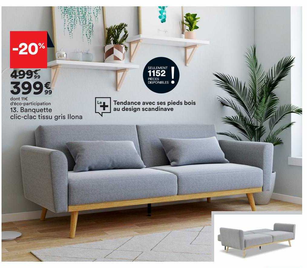 banquette clic-clac tissu gris ilona