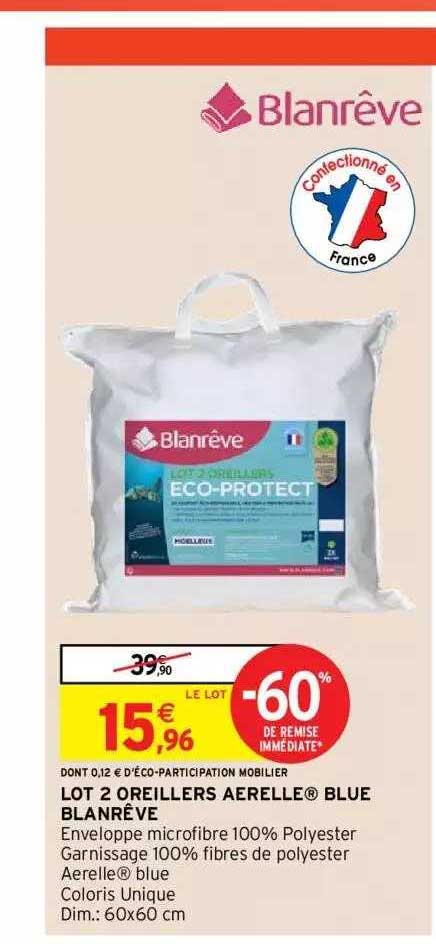 Blanrêve Lot 2 Oreillers Aerelle Blue Blanrêve