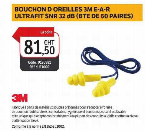 bouchon d'oreilles 3m e-a-r ultrafit snr 32 db (bte de 50 paires)