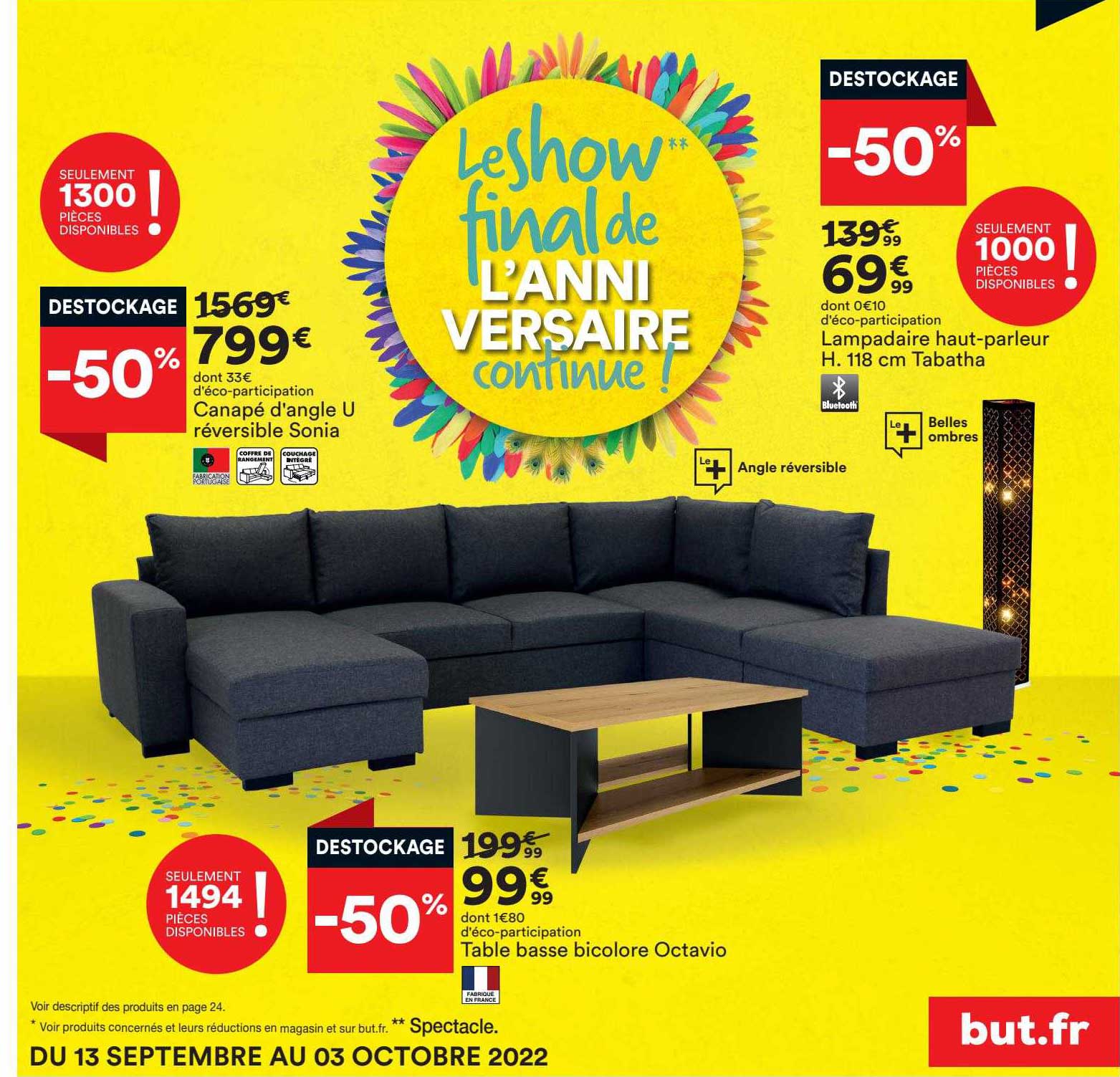 canapé d'angle u réversible sonia, table basse bicolore octavio, lampadaire haut-parleur h. 118 cm tabatha