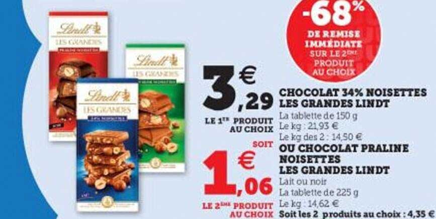 chocolat 34% noisettes les grandes lindt ou chocolat praline noisettes les grandes lindt