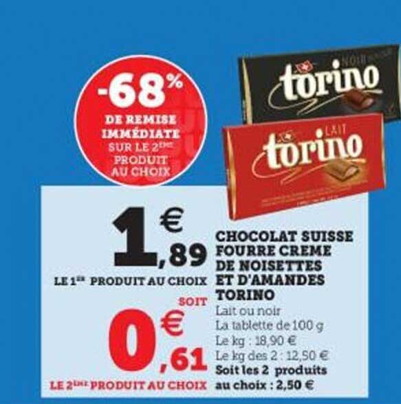 Chocolat Suisse Fourré Crème De Noisettes Et D'amandes Torino