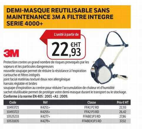 demi-masque réutilisable sans maintenance 3m à filtre intégré serie 4000+
