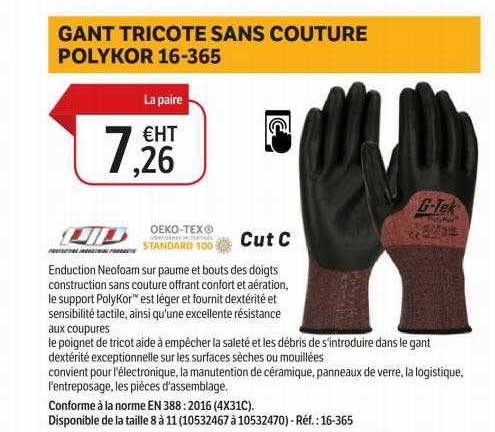gant tricote sans couture polykor 16-365 oeko-tex