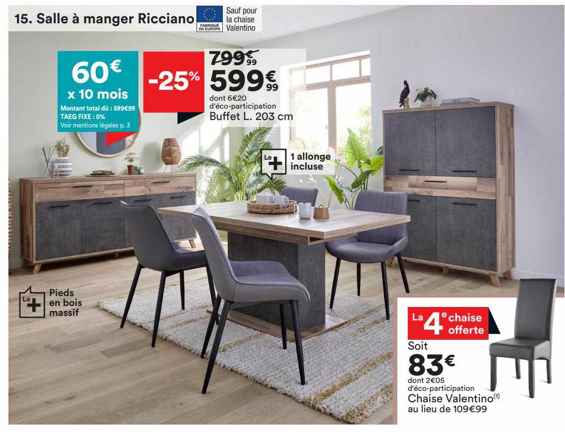 salle à manger ricciano : buffet l. 203 cm, chaise valentino