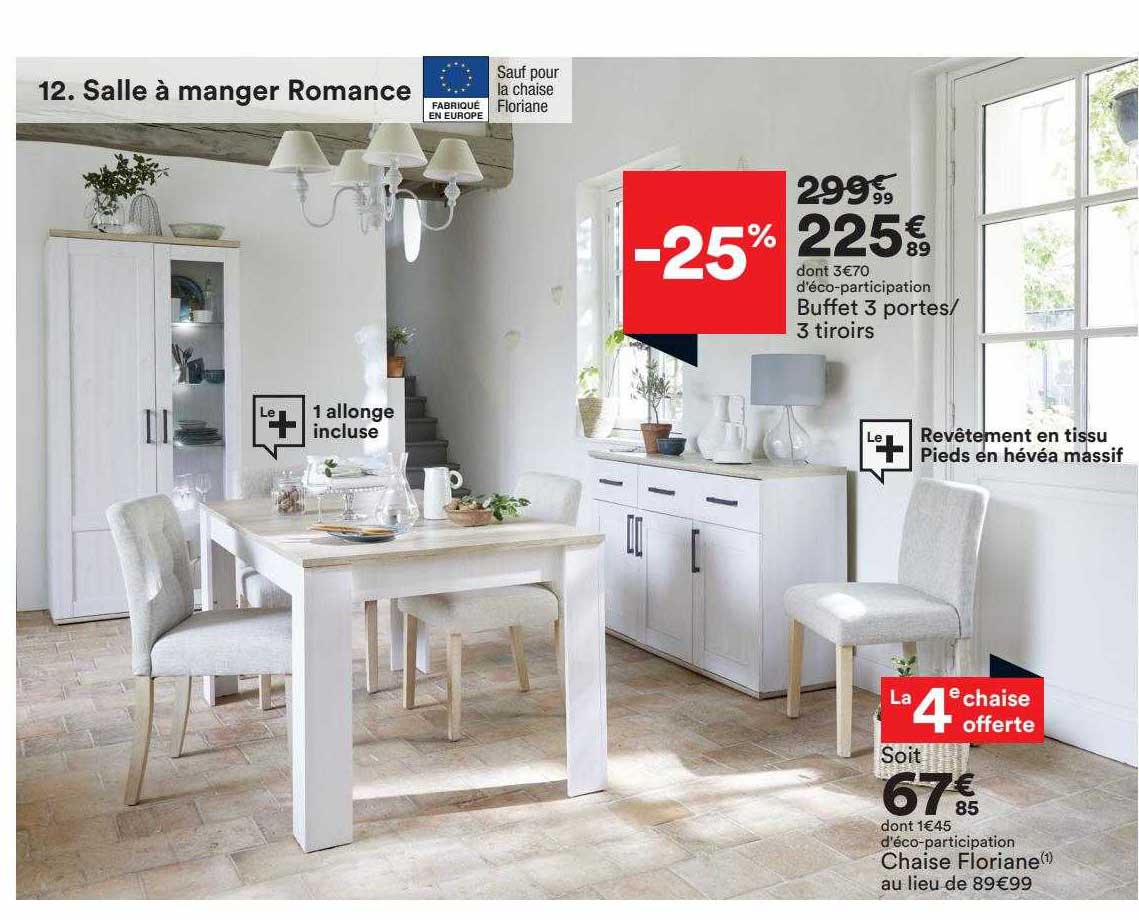 salle à manger romance : buffet 3 portes-3tiroirs, chaise floriane