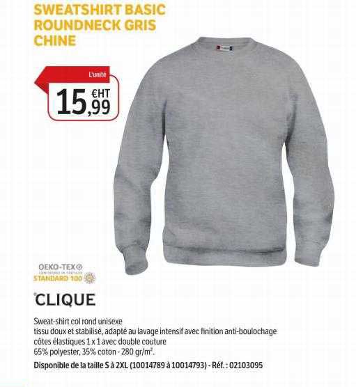 sweatshirt basic roundneck gris chine oeko-tex