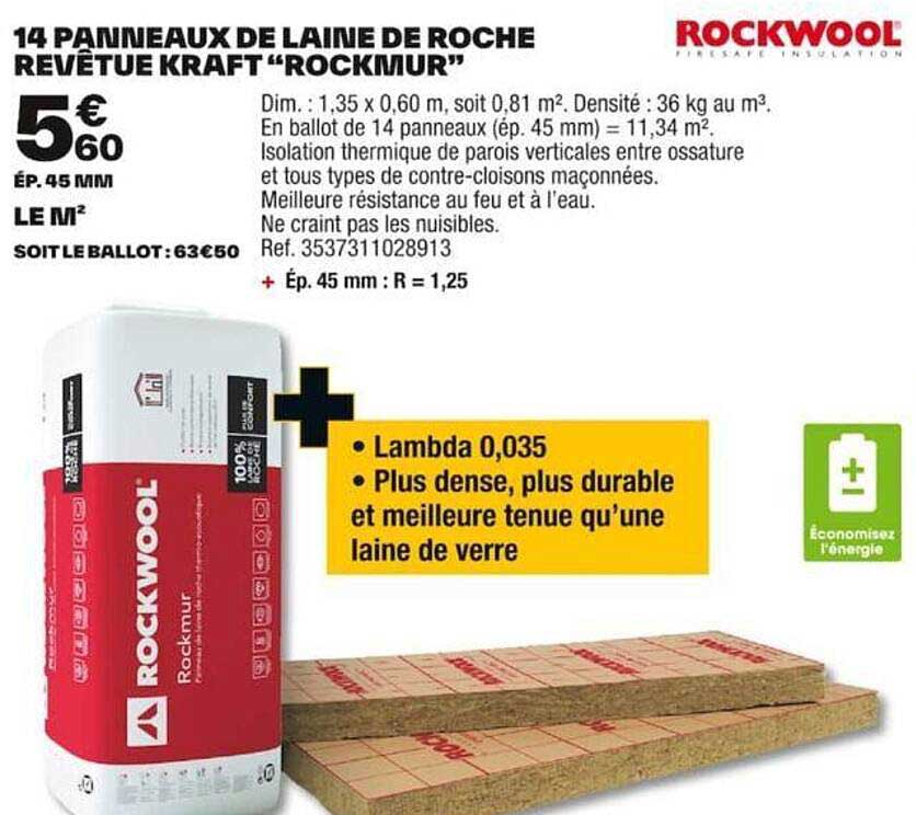 14 panneaux de laine de roche revêtue kraft "rockmur" rockwool