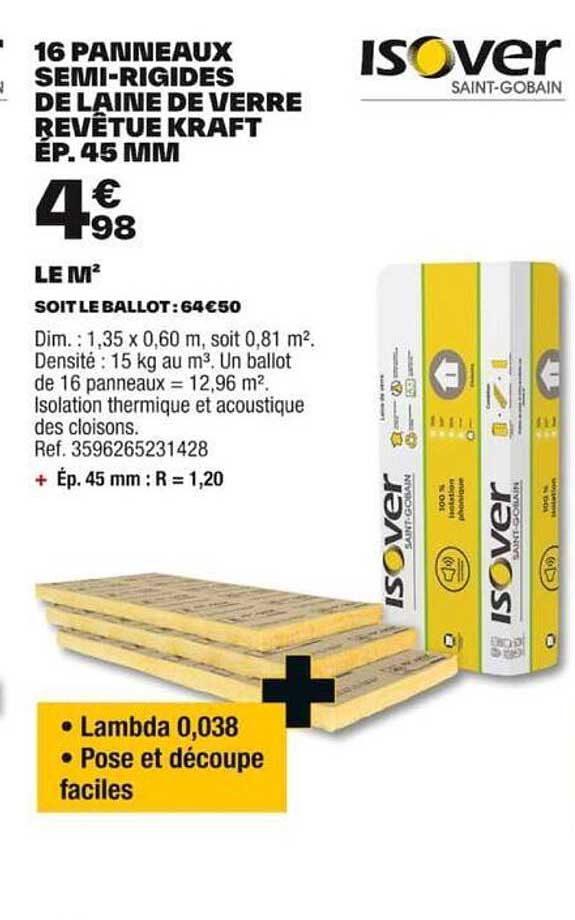 16 panneaux semi-rigides de laine de verre revêtue kraft ép. 45 mm isover