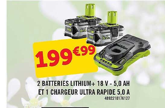 2 batteries lithium+ 18v - 5,0Ah et 1 chargeur ultra rapide 5,0A ryobi
