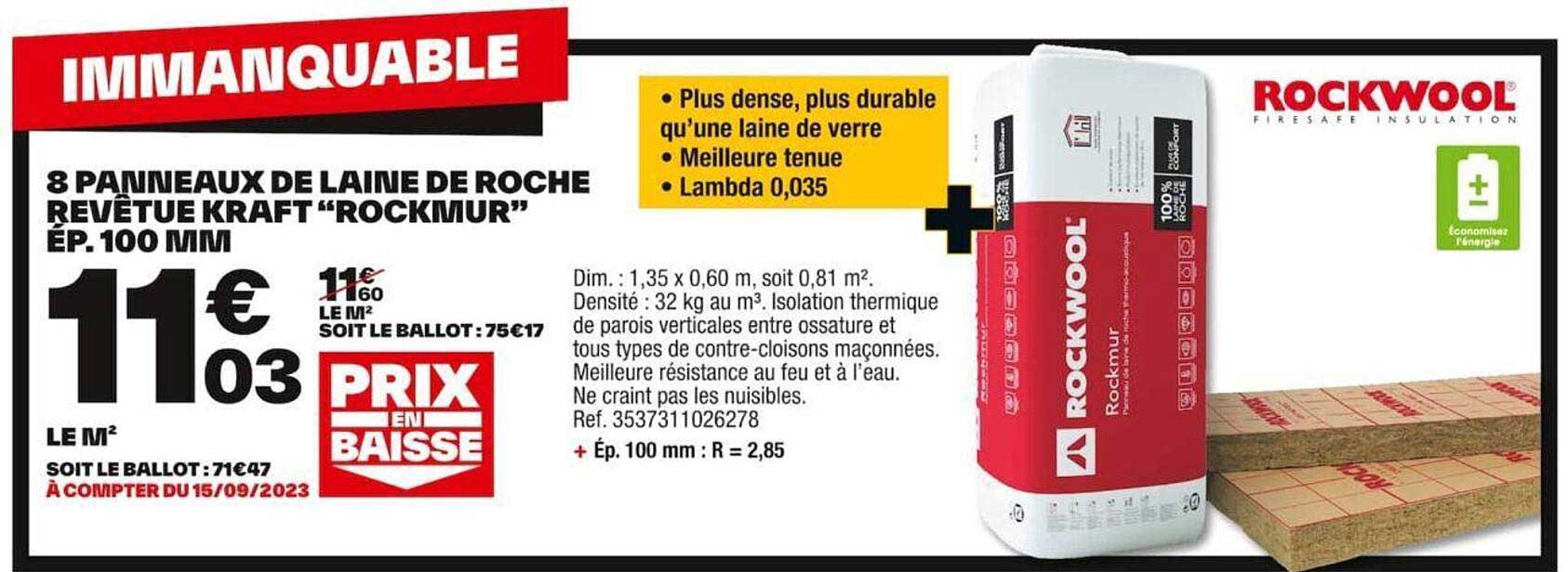 8 panneaux de laine de roche revêtue kraft "rockmur" ép. 100 mm
